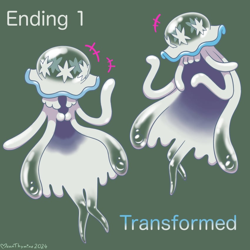 before_and_after evelyn_(pokemon) femsub green_background jellyfish meanthymine nihilego nintendo pokemon pokemon_sm pokemon_xy post_transformation signature simple_background tentacle text transformation trembling ultra_beast