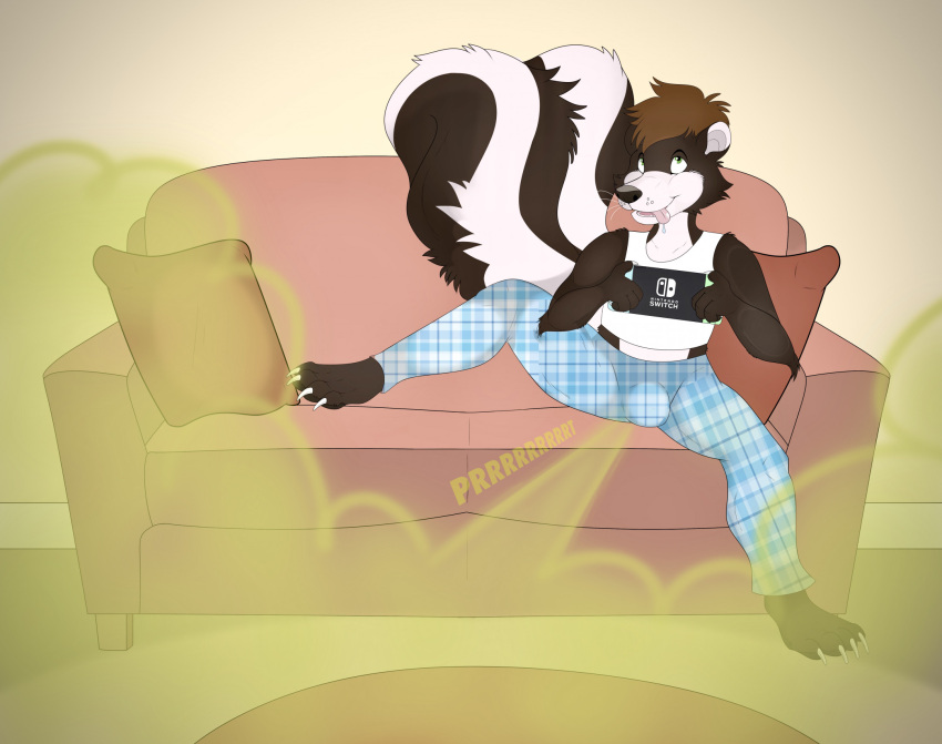 anthro bulge claws clothed clothing fart fart_cloud furniture gaming gassy hi_res huge_fart male mammal mephitid nintendo nintendo_switch raised_leg rockyjstinkston skunk smelly sofa solo tail thick_tail tongue tongue_out