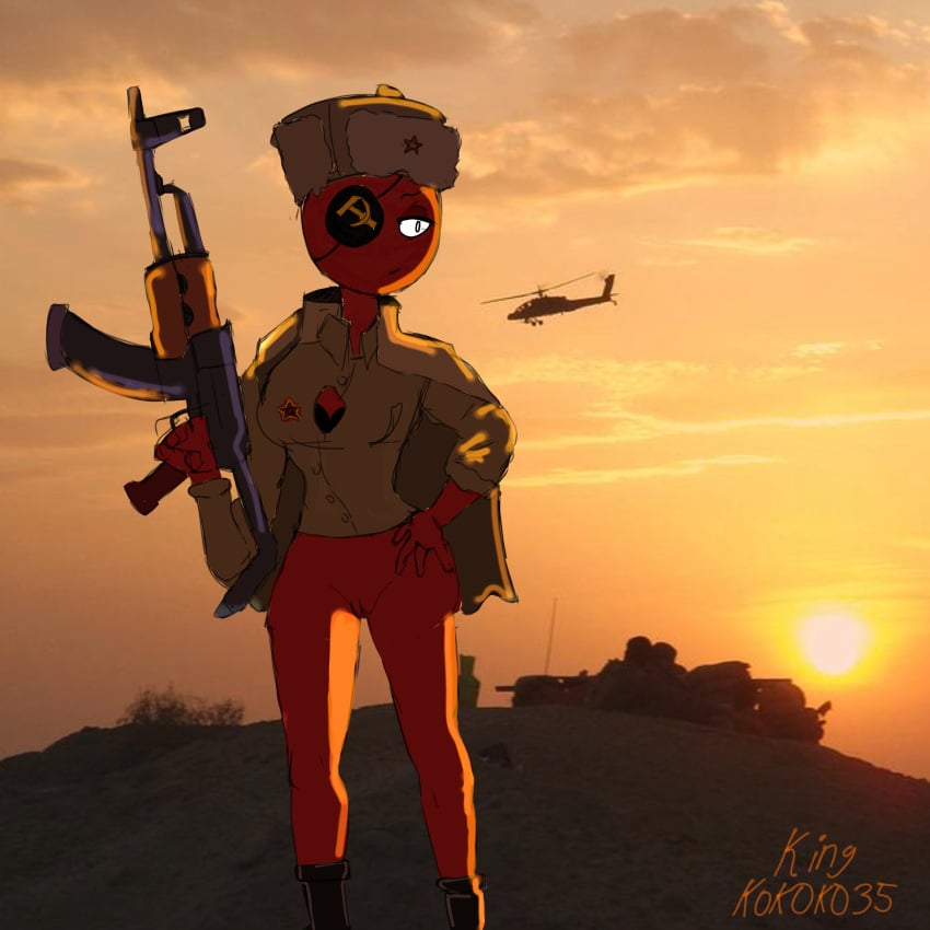 ak_47 black_boots clothing countryhumans countryhumans_girl eye_patch half_naked_female helicopter kingkokoko35 soviet_union_(countryhumans) tight_clothing ushanka vagina