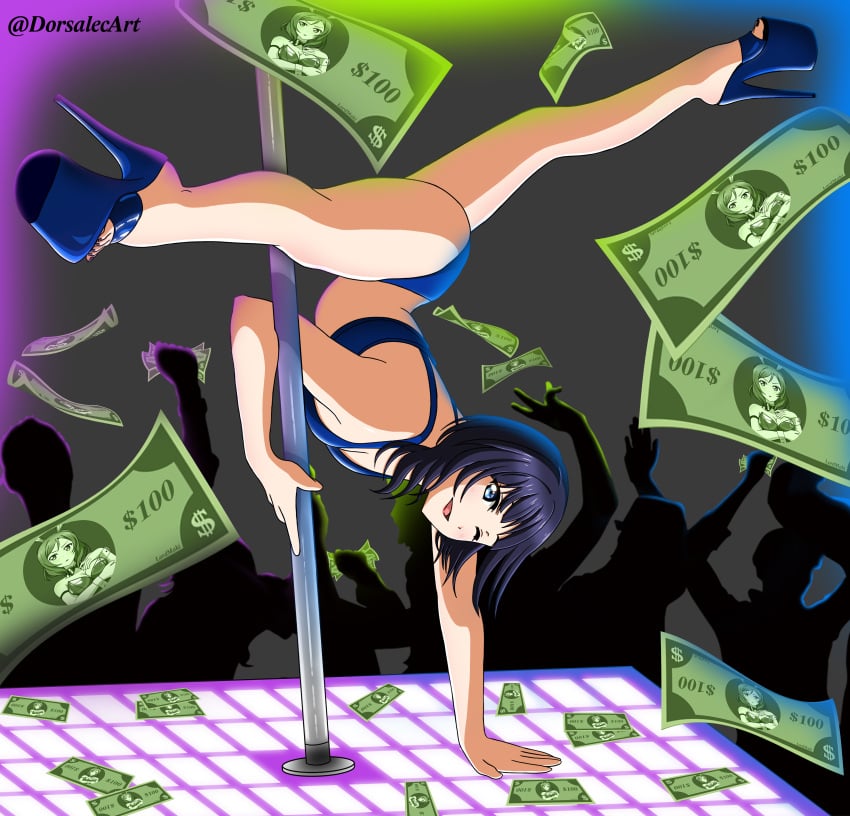 1girls asaka_karin dorsalec high_heels love_live! love_live!_nijigasaki_high_school_idol_club money platform_heels pole_dancer pole_dancing prostitute prostitution spread_legs