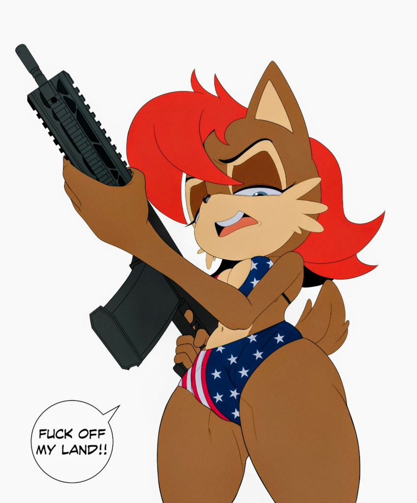 a_name_for_me american_flag_bikini anthro bikini blue_eyes breasts chipmunk english_text furry hereapathy holding_gun holding_object holding_weapon looking_down navel open_mouth profanity red_hair sally_acorn serious sonic_(series) sonic_the_hedgehog_(archie) sonic_the_hedgehog_(comics) sonic_the_hedgehog_(series) tail teeth text_bubble tongue