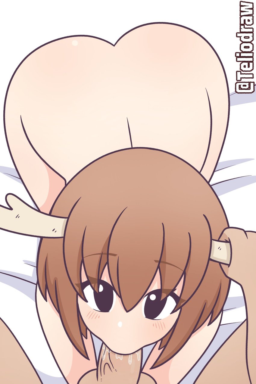 animal_humanoid ass bob_cut brown_hair deer_girl fellatio hair_between_eyes holding_horn horn looking_at_viewer my_deer_friend_nokotan shikanoko_noko shikanoko_nokonoko_koshitantan short_hair tagme teliodraw