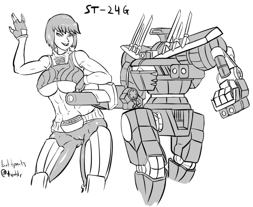 2017 abs battlemech battletech buttpants cameltoe clan_(battletech) commission fingerless_gloves inkeranon mech mechwarrior mechwarriorunderboob midriff monochrome pinup signature sketch solo_female stag_(battlemech) tagme