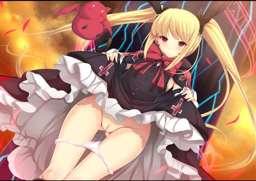 blazblue blonde_hair blush censored cross daiaru dress dress_lift dutch_angle female gothic_lolita hair_ribbon lolita_fashion long_hair mosaic_censoring panties pussy pussy_juice rachel_alucard red_eyes ribbon smile solo tied_hair twintails underwear white_panties