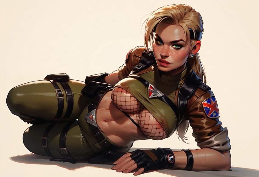 ai_generated big_breasts blank_background blonde_hair exposed_breasts fishnet_clothing green_clothing milf military mortal_kombat solo solo_female solo_focus sonya_blade underboob white_background