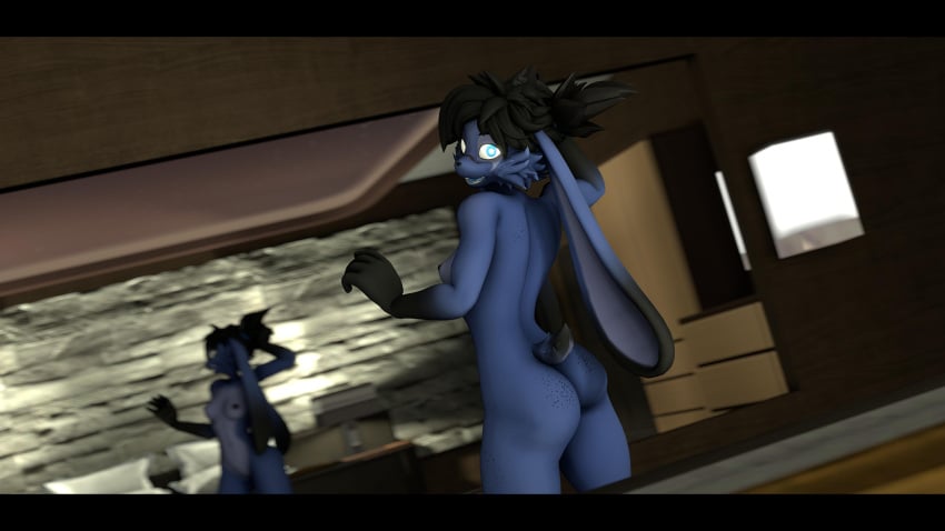 2023 3d_(artwork) anthro ass bed bedroom black_body black_ears black_fur black_hair black_tail blue_body blue_ears blue_eyes blue_fur blue_tail breasts cheek_tuft digital_media_(artwork) domi_(domibun) facial_tuft fan_character female freckled_back freckled_butt freckles fur furniture hair hi_res inside lagomorph leporid long_ears looking_at_viewer looking_back mammal mirror multicolored_body multicolored_ears multicolored_fur multicolored_tail nipples nude rabbit seductive silvarus smile solo stone_wall tail tuft wall_(structure) white_body white_fur white_inner_ear wood wood_wall