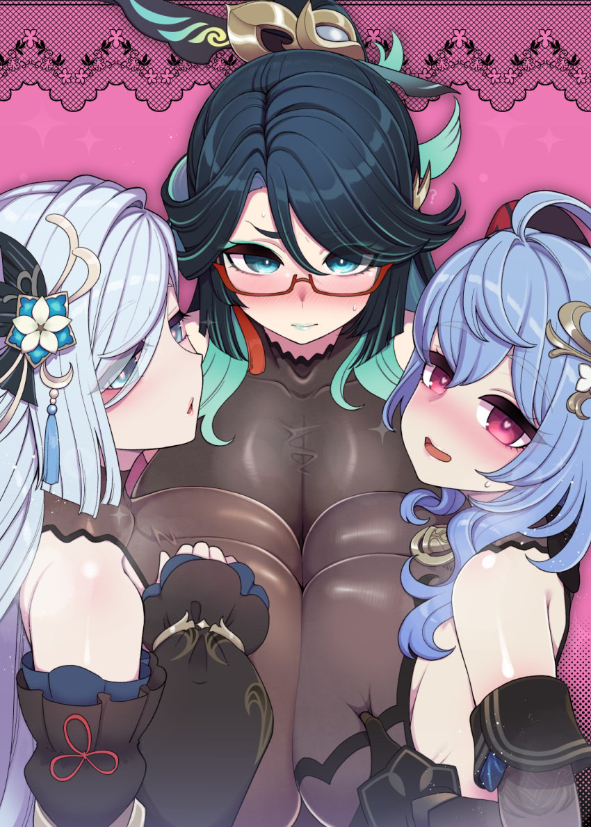 3girls ? aqua_eyes aqua_hair aqua_lipstick black_hair blue_hair blush bodystocking chinese_hairpin cowbell detached_sleeves embarrassed exposed_shoulders eyeshadow from_above ganyu_(genshin_impact) genshin_impact hair_over_one_eye hanauna hand_on_breast hand_on_own_breast heart-shaped_pupils huge_breasts long_hair mature mature_female multicolored_hair multiple_girls pressing_breasts pressing_breasts_together puffy_sleeves red_eyes red_glasses shenhe_(genshin_impact) short_hair sidelocks sleeves_past_wrists tassel_hair_ornament white_hair xianyun_(genshin_impact)