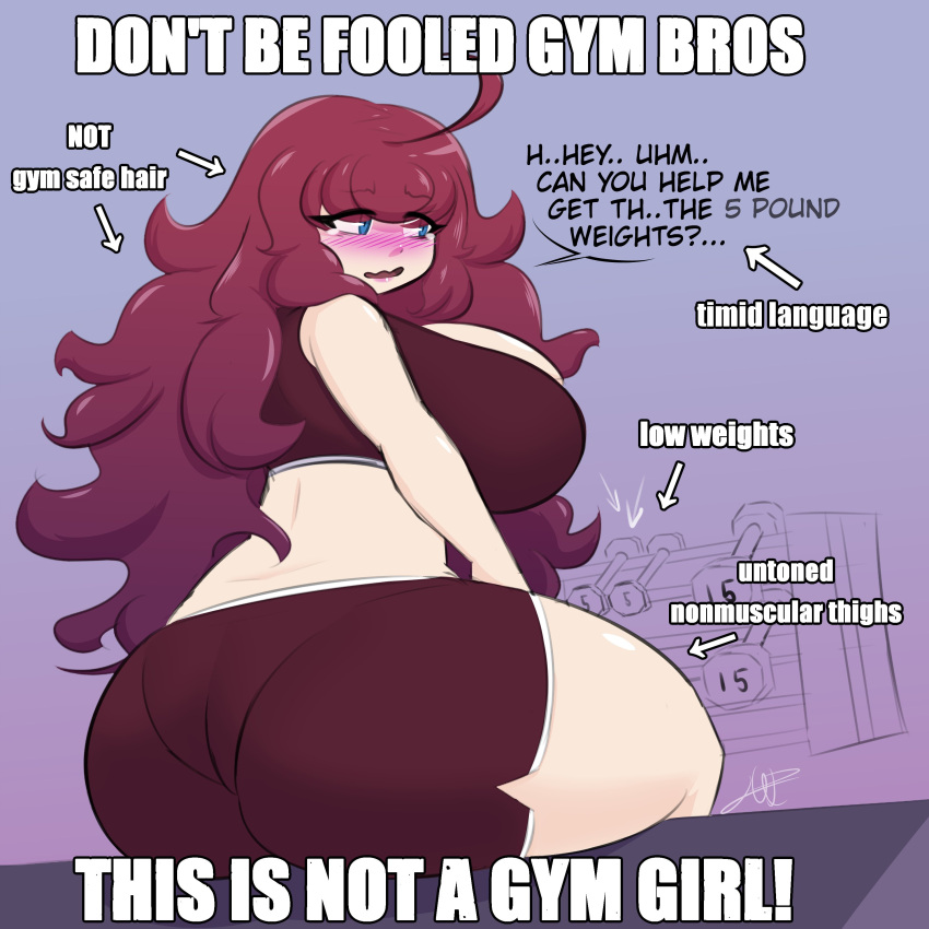 1girls artistic_lamp ass big_ass big_breasts blush breasts female gym_clothes impact_(font) pantylines shorts speech_bubble tank_top text thick_thighs thighs