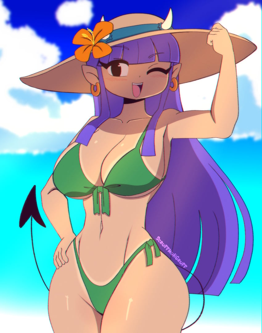 1girls armpits beige_skin black_eyes earrings green_bikini hat horns large_breasts long_hair navel noise_(visual) one_eye_closed open_mouth original pointy_ears purple_hair scruffmuhgruff smile sun_hat sunhat swimsuit tail tanline