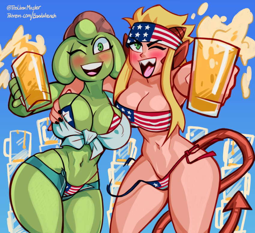 2girls 4th_of_july alcohol american_flag_bikini anne_(boxx_wrench) bandana beer big_breasts blonde_hair blush boxx_wrench breasts color colored digital_drawing_(artwork) drunk drupy female green-skinned_female groping holding_glass holding_mug huge_breasts light-skinned_female looking_at_viewer open_mouth original original_character original_characters pointy_ears smile tail wink winking_at_viewer