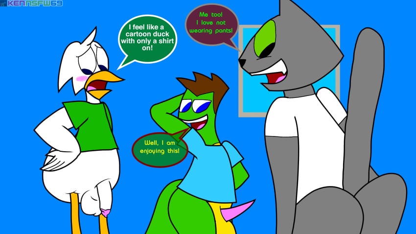 anthro ass avian blue_eyes blue_shirt blush bottomless bottomless_male brown_hair charlie_panera dick domestic_cat duck feline furry green_body green_eyes green_scales green_sclera green_shirt grey_body grey_fur kenmazu95 lizard miles_grey penis_out penises_out scalie shirt_only speckle_hakari tapering_penis white_body white_feathers white_shirt yellow_underbelly