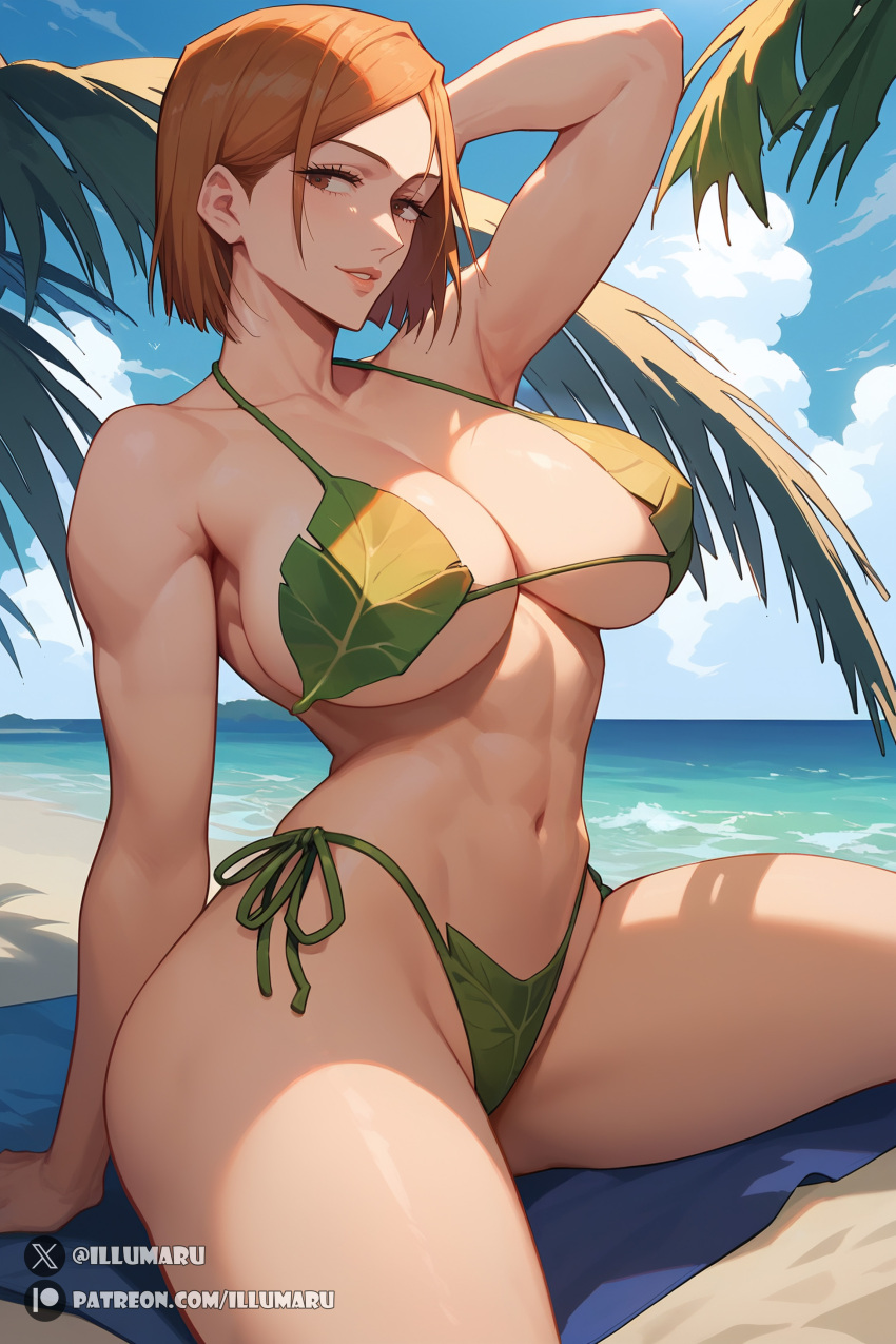 1girls 2024 ai_generated arm_behind_back beach big_breasts bikini bikini_bottom bikini_top blush breasts brown_eyes covered_nipples curvy curvy_figure detailed female fit_female hi_res illumaru jujutsu_kaisen kugisaki_nobara leaf_bikini looking_at_viewer mature mature_female mature_woman navel orange_eyes orange_hair outdoors patreon_username smirk smirking smug solo solo_female solo_focus stable_diffusion tagme thick thick_legs thick_thighs thighs