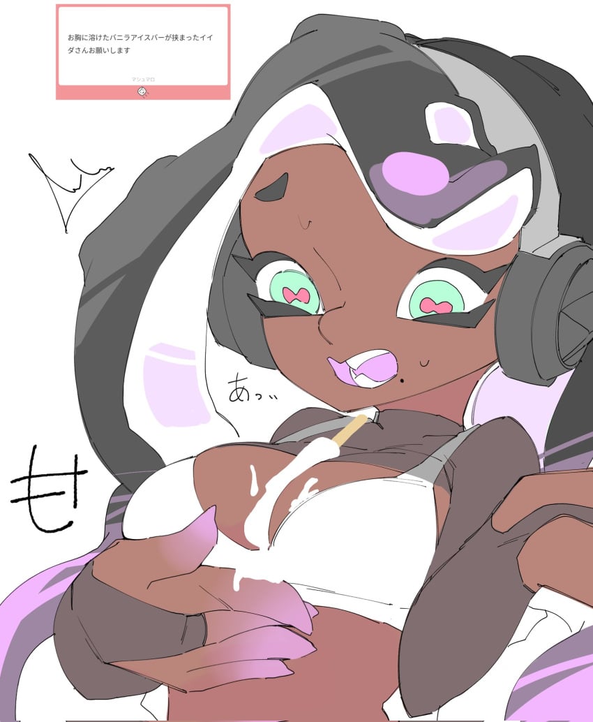 between_breasts big_breasts clothed crop_top dark-skinned_female female gloves green_eyes headphones ice_cream ice_cream_drip ice_cream_on_breasts marina_(splatoon) marina_(springfest) mocamocaink octoling open_mouth purple_fingers purple_hair purple_mouth solo splatfest splatoon splatoon_3 sports_bra springfest_outfit suggestive_fluid surprised surprised_expression two-tone_hair