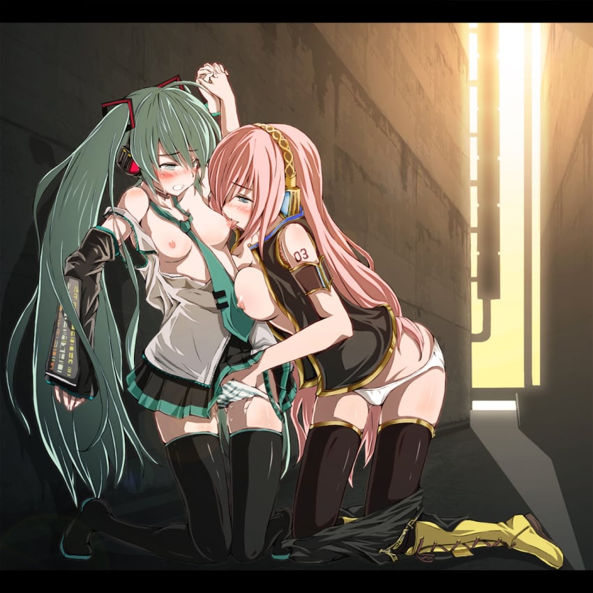 2girls ahe_gao alley aqua_hair arm_tattoo blue_eyes blush boots breast_sucking breasts breasts_out chiri_(atlanta) clenched_teeth clothes_lift cum cum_in_pussy fingering fingering_through_clothes fingering_through_panties green_eyes hand_in_another's_panties hand_in_panties hatsune_miku headphones headset highres holding_hands interlocked_fingers jacket kneeling leg_up letterboxed licking licking_nipple medium_breasts megurine_luka multiple_girls necktie nipple_stimulation no_bra open_clothes open_jacket outdoors panties partially_undressed pink_hair pussy_juice remote_place reverse_nursing_fingering shirt shirt_down skirt skirt_lift small_breasts smile tattoo tears teeth thigh_boots thighhighs through_clothes twintails underwear vocaloid wet wet_clothes wet_panties yuri