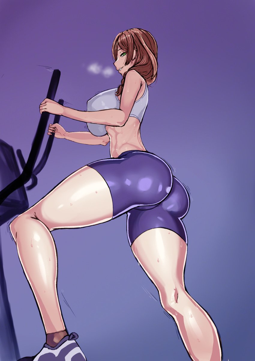 1girls alternate_version_available ass big_ass big_breasts bottomwear breasts brown_hair bubble_ass bubble_butt clothing exercise female female_only footwear genshin_impact green_eyes gym_clothes gym_uniform hair huge_breasts jeaike legs lisa_(genshin_impact) mature mature_female mature_woman purple_shorts shoes shorts solo solo_female sports_bra sports_uniform sportswear steam steamy_breath sweat sweatdrop thighs topwear