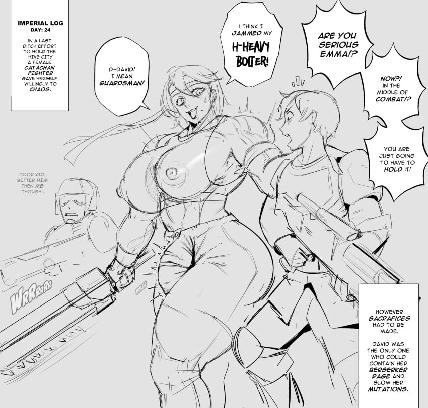 1futa 2022 2boys anon8919 areolae astra_militarum big_breasts big_penis breasts bulge catachan_jungle_fighters chainsword clothed clothing dialogue duo_focus english_text erection erection_under_clothes fully_clothed futanari guardsman_(warhammer_40k) guardswoman_(warhammer_40k) human imperial_guard imperium_of_man larger_futanari male monochrome muscular_futanari nipples penis sketch speech_bubble standing text warhammer_(franchise) warhammer_40k