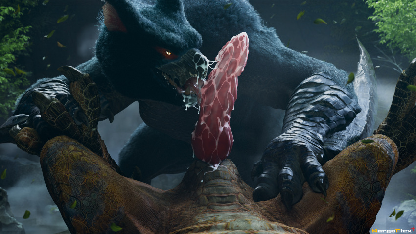 bodily_fluids capcom cum cum_on_face duo feral flying_wyvern foggy_background genital_fluids genitals hi_res holding_paws licking looking_at_viewer lying male male/male monster_hunter nargacuga nargaflex on_back oral penile penis penis_lick sex tagme tigrex tongue