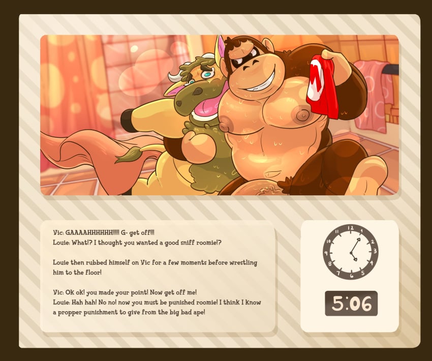 2024 absurd_res animal_crossing anthro ape bathroom bathtub bovid bovine cattle clothing detailed_background duo english_text genitals gorilla haplorhine haxsmack hi_res hug louie_(animal_crossing) male male/male mammal moobs musclegut muscular nintendo nipples penis primate shirt slightly_chubby text topwear towel vic_(animal_crossing)