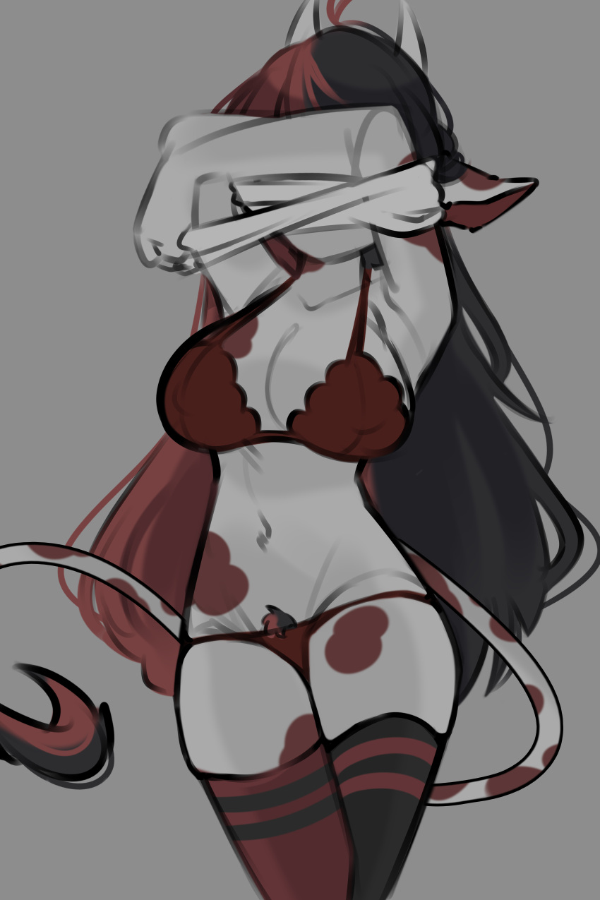 black_hair cow_ears cow_girl cow_spots cow_tail grey_skin horn horns karukaluo lord_vermire lord_vermire_clan red_hair split_color_hair undressing unshaved_pussy virtual_youtuber vtuber