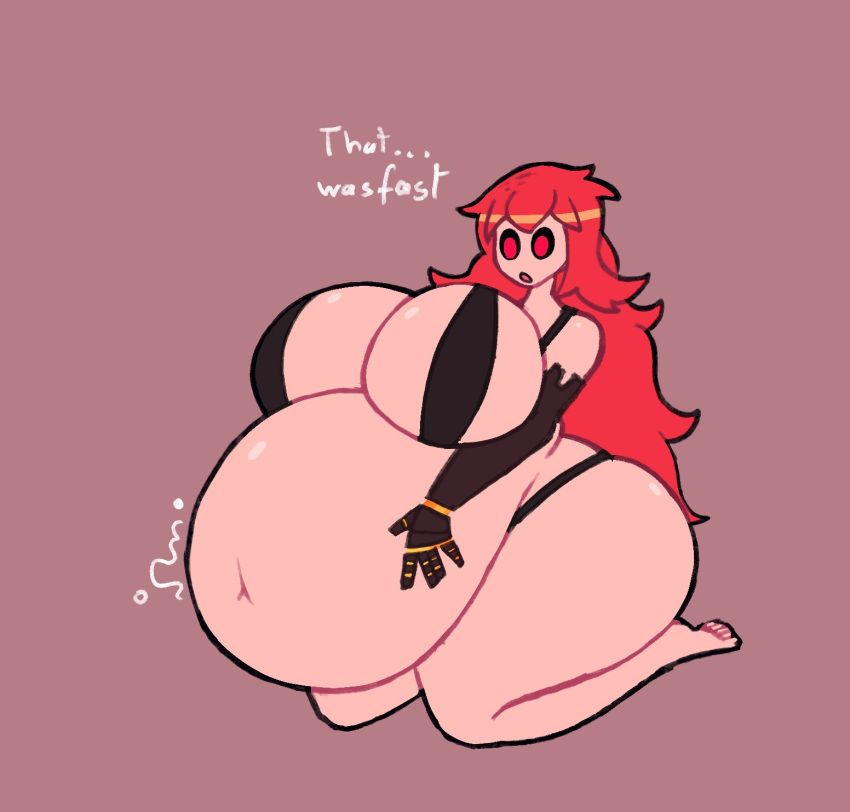 1girls belly big_breasts breasts female ghornyb huge_belly red_eyes red_hair scarlet_(ghornyb) text thick_thighs thighs