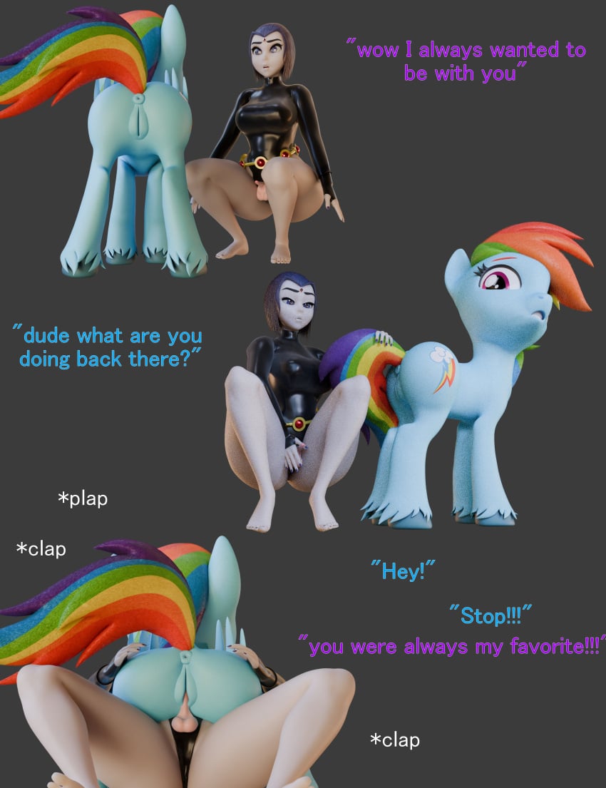 ass blender breasts crossover curvaceous curvy_figure dc dc_comics fat_ass female feral futa_on_feral futanari heperson huge_ass huge_breasts leotard mare my_little_pony pony rachel_roth rainbow_dash_(mlp) raven_(dc) teen_titans thick_thighs zoophilia