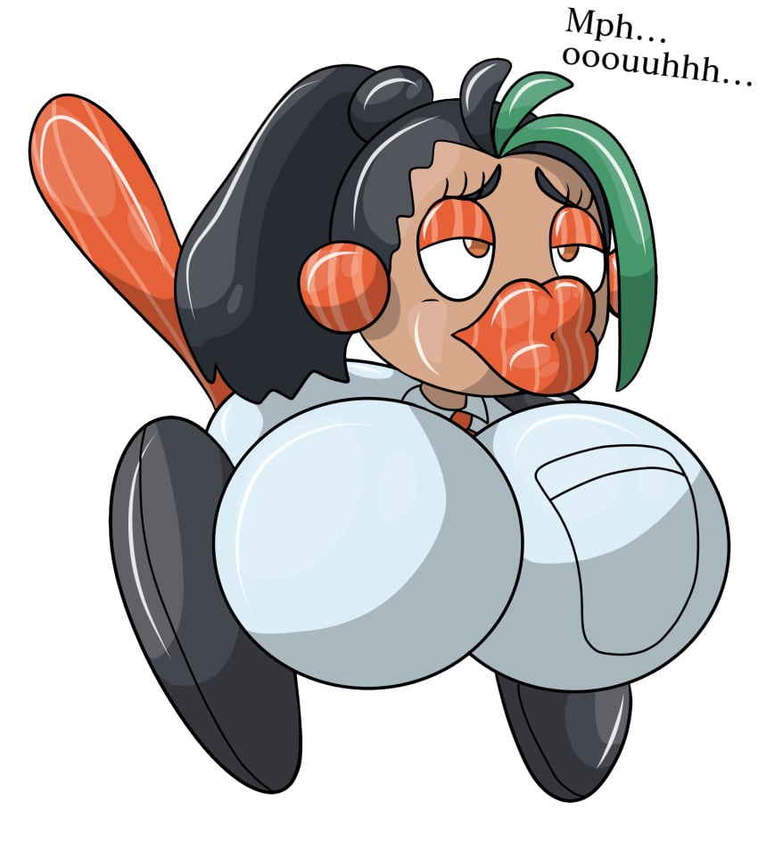 ahe_gao big_breasts black_hair breasts earrings eyelashes eyeshadow green_hair human_to_pokemon hyper_breasts inflated_breasts inflation latex latex_body lipstick massive_breasts nemona_(pokemon) orange_earrings orange_eyes orange_eyeshadow orange_lipstick patterned_lipstick pleasure_face pokemon pokemon_sv ponytail porygon2 post_transformation protoy protoybonnie puffed_cheeks pursed_lips round_breasts shiny shiny_clothes shiny_skin shirt speech_bubble tail text tie transformation transparent_background two_tone_hair weird white_shirt