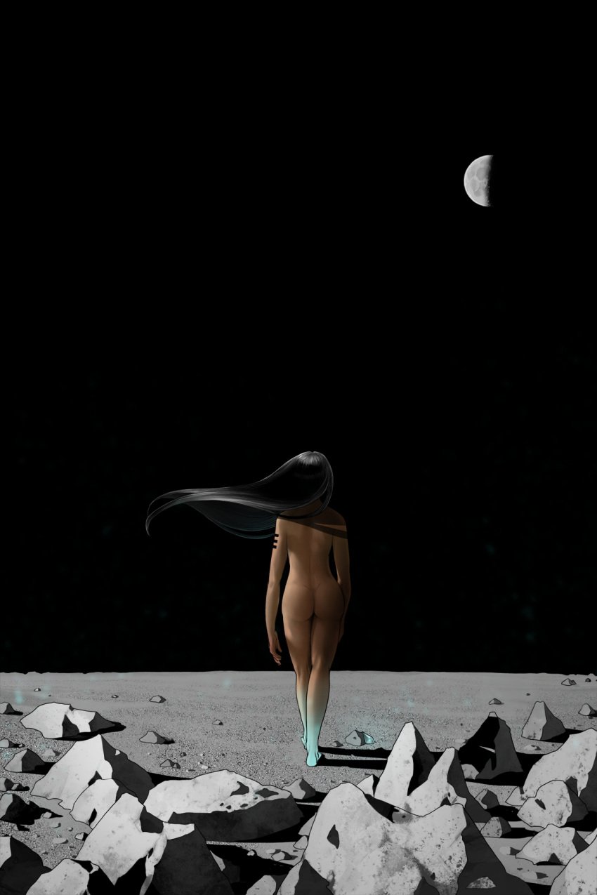 abstract_art artistic artistic_nude artistic_nudity ass_focus back_muscles back_view beautiful_background black_hair butt_focus buttocks dark-skinned_female dark_hair dark_skin digital_painting_(artwork) female_focus female_only fit_female flowing_hair fully_nude gatobob_(gurobob) long_hair no_visible_genitalia nonsexual nonsexual_nudity pinup selin_[raven] solo_female tattoo tattooed_arm this_is_not_romance toned_female