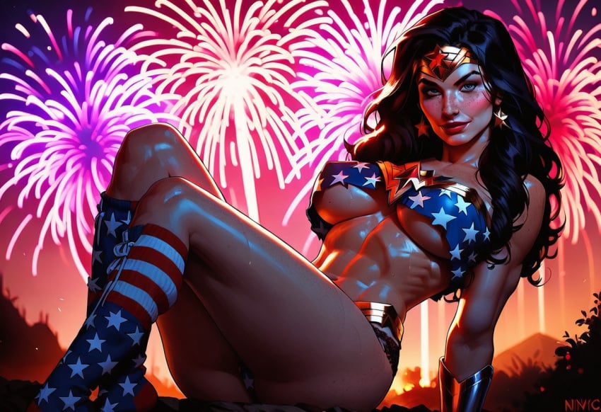 4th_of_july ai_generated blue_socks dc_comics fireworks freckles freckles_on_face gold_jewelry knee_socks kneehighs kneesocks long_hair night pattern_socks red_socks socks solo solo_female solo_focus underboob underwear white_socks wonder_woman wonder_woman_(injustice)