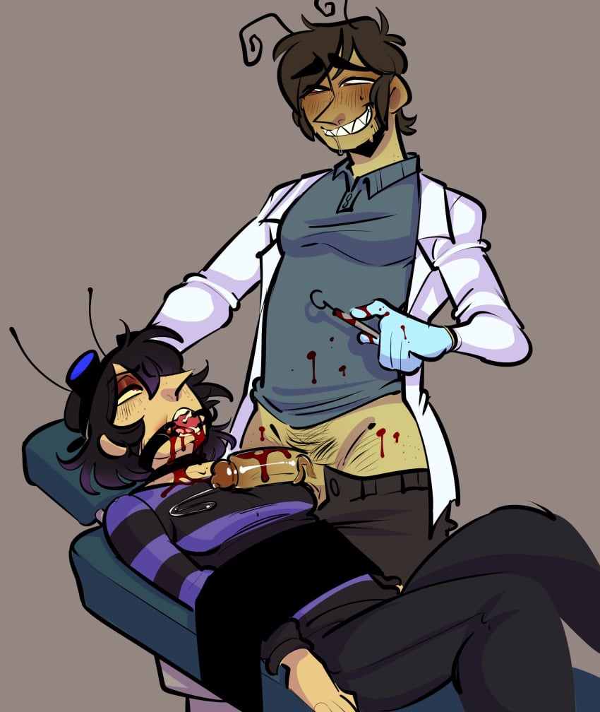 2boys bileshroom blood blood_in_mouth blood_on_face blood_splatter blood_stain chi_(purpleverse) coat doctor doctor_on_patient gay glasses gloves medical medical_instrument orin_(purpleverse) pants_down penis penis_out precum precum_drip precum_on_penis precum_string purpleverse restrained ring_gag strapped_down yaoi