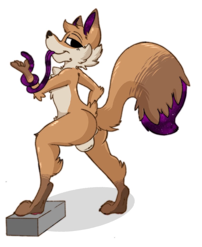 2022 anthro backsack balls blue_eyes brown_body brown_fur canid canine cosmic_tail digital_media_(artwork) dipstick_ears dipstick_tail ear_markings fatigue_(artist) fox fur genitals gloves_(marking) hi_res long_tongue looking_at_viewer male mammal markings multicolored_body multicolored_ears multicolored_fur nero_(nerogivsnerps) pawpads pose simple_background smile smug solo tail tail_markings thick_thighs tongue white_background