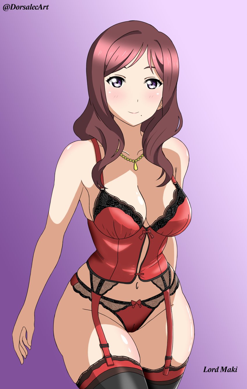 1girls absurd_res artist_name big_breasts blush breasts cleavage dark_hair dorsalec english_text female female_focus female_only garter_straps gradient_background hi_res lace lace_trim large_breasts lingerie looking_at_viewer love_live! love_live!_school_idol_project maroon_hair mature_female milf mole mole_under_mouth necklace nishikino_maki's_mother panties prostitute prostitution purple_background purple_eyes red_hair shoulder_length_hair slit slut smile solo solo_female solo_focus wavy_hair