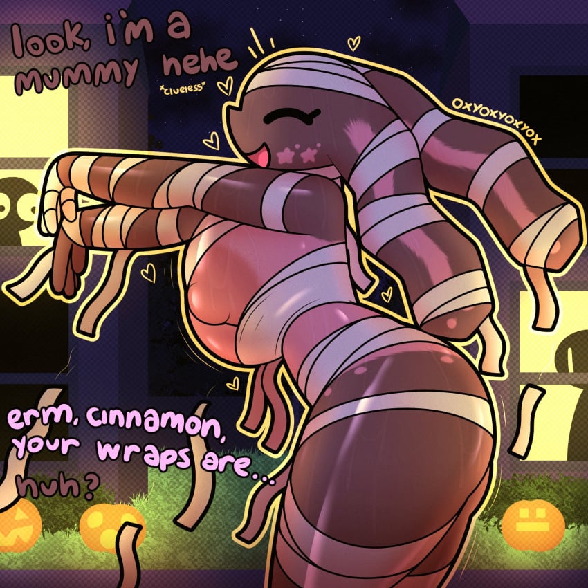 big_breasts bunny_girl cinnamon_(oxyoxyoxyox) dialogue female female_focus halloween halloween_costume happy holidays huge_breasts marshmallow_(oxyoxyoxyox) massive_breasts mummy_costume night offscreen_character outdoors oxyoxyoxyox thick_thighs unaware unaware_exhibitionist