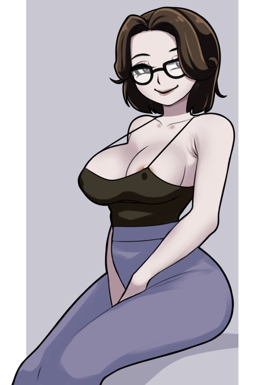 alternate_version_at_source alternate_version_available big_breasts breasts_out brown_hair cleavage clothed_female covered_breasts covered_nipples cute fear_and_hunger fear_and_hunger:_termina female_focus female_only glasses large_breasts nipple_bulge nipple_outline nipple_peek nipple_slip nipples nonsexual olivia_(fear_and_hunger) pinup rungbersa saberrung sfw_version_available short_hair sitting sitting_down solo solo_female straps suggestive