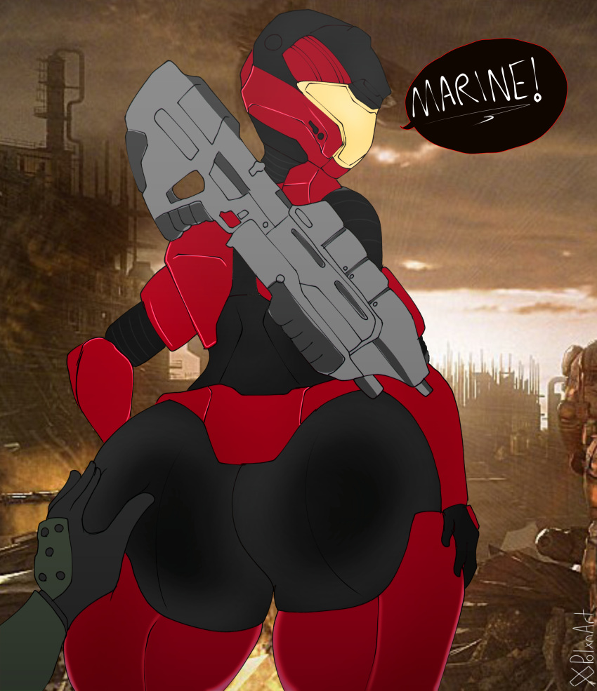 ass background big_ass big_butt daisy-023 grabbing grabbing_ass grabbing_from_behind halo_(game) halo_(series) halo_legends marine polxnart_(artist) spartan_(halo) text text_bubble