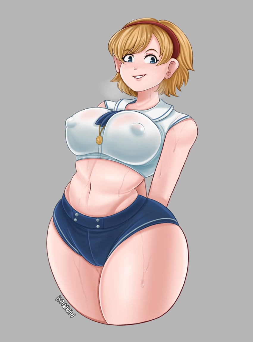 1girls big_breasts blonde_hair blue_eyes blue_shorts bottomwear breasts capcom clothing erect_nipples female female_only hair hips huge_breasts nipple_bulge pummies resident_evil resident_evil_6 sherry_birkin short_hair shorts smile solo solo_female sweat sweatdrop sweaty thick_thighs thighs topwear wide_hips