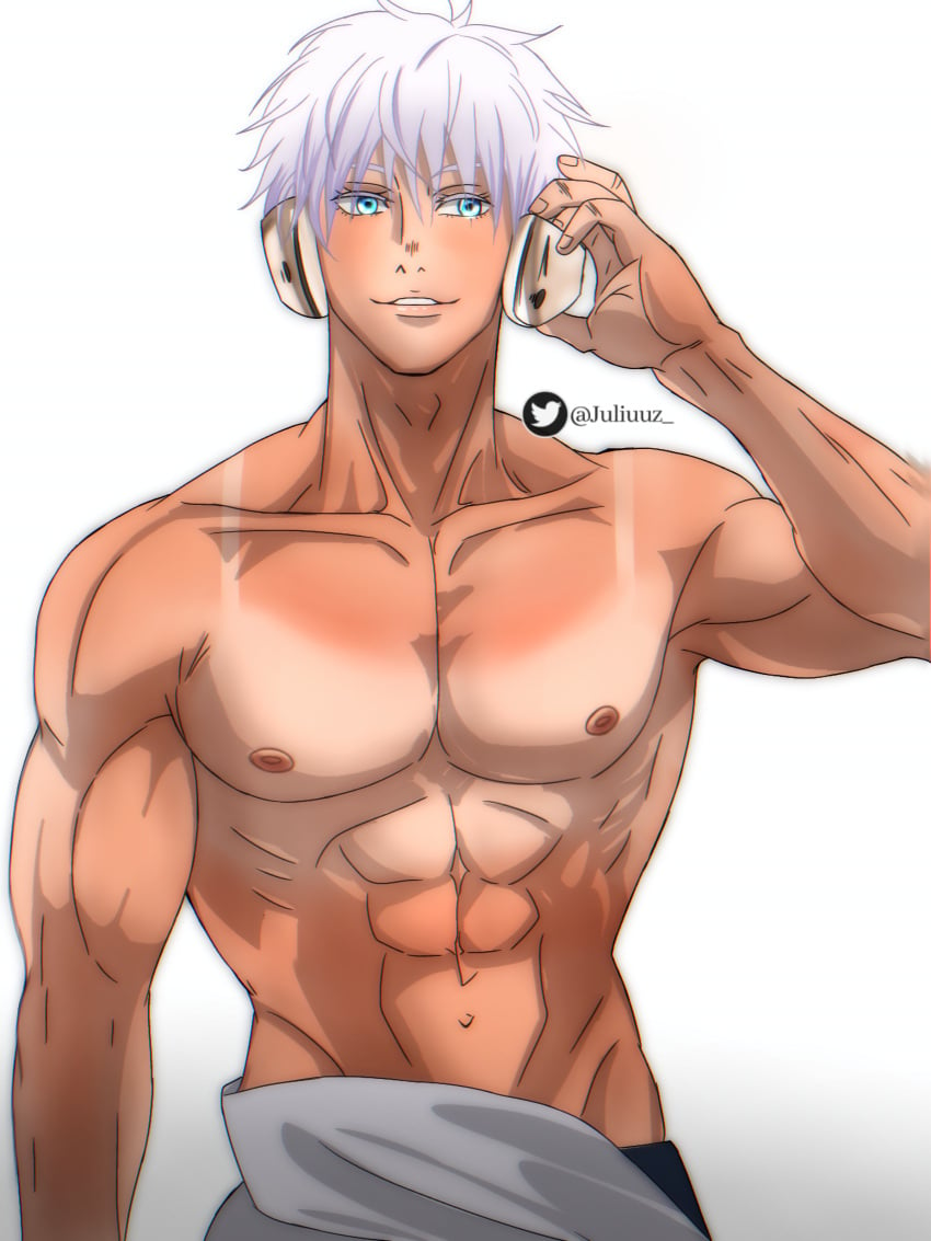 big_muscles blue_eyes heatstroke_(trend) jujutsu_kaisen male_only satoru_gojo showing_breasts sunbathing sunburn tanned_skin white_hair