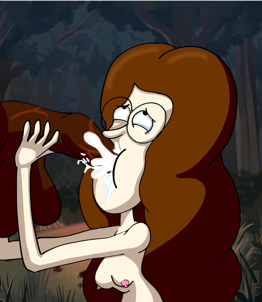 big_dick big_penis blowjob breasts brown_hair caritxxx cartoon cartoon_network clarence crying_with_eyes_open cum cum_in_mouth dark-skinned_male fellatio glasses long_hair male_focus melanie_baker nipples penis pink_nipples small_boobs small_breasts small_nipples small_tits white_body