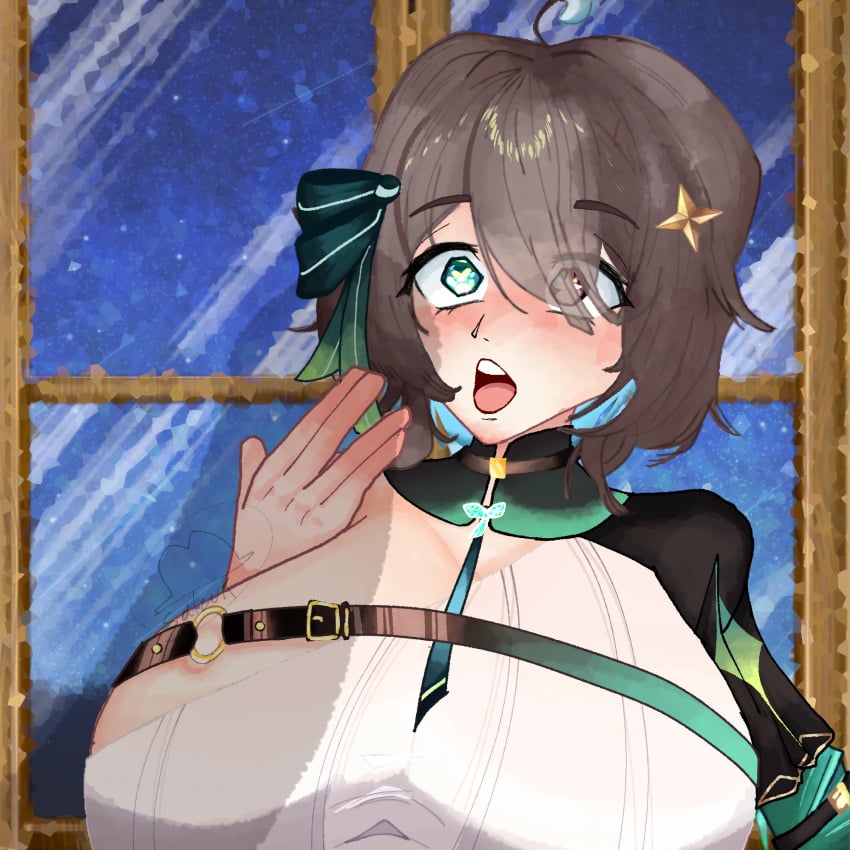 1girls big_breasts breasts brown_eyes brown_hair cleavage former_idol_corp_member green_eyes heterochromia idol_corp idol_es latam_virtual_youtuber meica meica05 open_mouth penis_awe penis_shadow satzuk virtual_youtuber vtuber younger_female