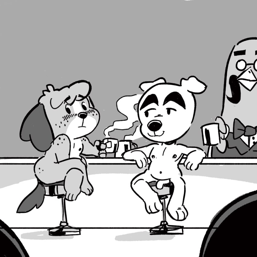 animal_crossing anthro avian bird blush bow_tie brewster_(animal_crossing) cafe canid canine canis coffee_cup columbid confident container countertop covering covering_crotch covering_self cup digby_(animal_crossing) domestic_dog embarrassed exhibitionism genitals group hi_res holding_coffee_cup holding_container holding_cup holding_object inside k.k._slider male male_only mammal monochrome navel nintendo nipples nude penis pigeon smile steam strawbearer suit_and_tie trio