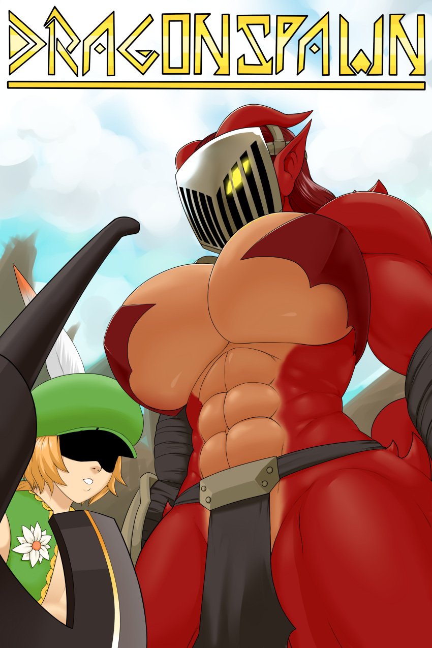 1boy 1girls abby_(redboard) abs big_breasts dragon dragon_girl female geo_(redboard) helmet muscular_female redboard