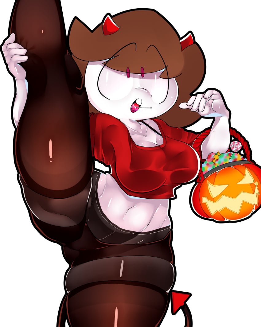 1girl 1girls 2020s belly_button big_breasts big_eyes big_thighs brown_hair candy_bag candy_basket candy_girl cute cute_face devil_horns devil_tail female gummy_creature happylikeawall happylikeawall_(artist) horns horns_girl leg_lift leg_up lollipop massive_thighs midriff monochromatic_skin navel oc one_leg_raised one_leg_up original_character pale-skinned_female pale_skin pale_skinned pumpkin purple_eyes raised_leg red_horns red_shirt self_insert toony transparent_background youtube youtube_avatar youtuber youtuber_girl