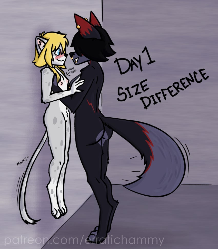 anthro artist_name ass black_body black_nails black_nose blush breasts canid canine canis colored_nails digital_media_(artwork) domestic_cat duo ear_piercing english_text erratichammy eyelashes felid feline felis female female/female fur hair heartbeat heavy_blush hi_res holding_partner larger_female lewdtober mammal markings nails nipples nude open_mouth patreon piercing pinned pinned_to_wall ring_piercing rose_(erratichammy) simple_background size_difference smaller_female smile tail tail_motion tailwag taur teeth text url watermark wolf