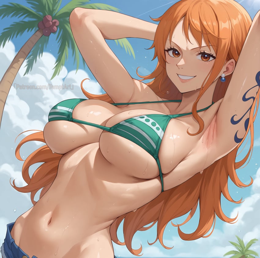 1girls ai_generated arm_behind_head armpit_pose armpits arms_behind_head arms_up bangs bare_shoulders beach big_breasts bikini bikini_top bikini_top_only blue_sky blush breasts brown_eyes cleavage clothing cloud completely_nude cowboy_shot curvaceous curvaceous_female curvaceous_figure curvy curvy_figure day denim earrings female female_focus female_only green_bikini green_swimsuit grin jewelry large_breasts long_hair looking_at_viewer midriff nami nami_(one_piece) navel ocean one_arm_up one_piece orange_eyes orange_hair outdoors palm_tree patreon_username post-timeskip presenting_armpit shorts shoulder_tattoo skindentation sky smile smooth_armpits solo stomach striped striped_bikini striped_swimsuit sweat swimsuit tattoo temptart thighs tree underboob upper_body voluptuous voluptuous_female water wet