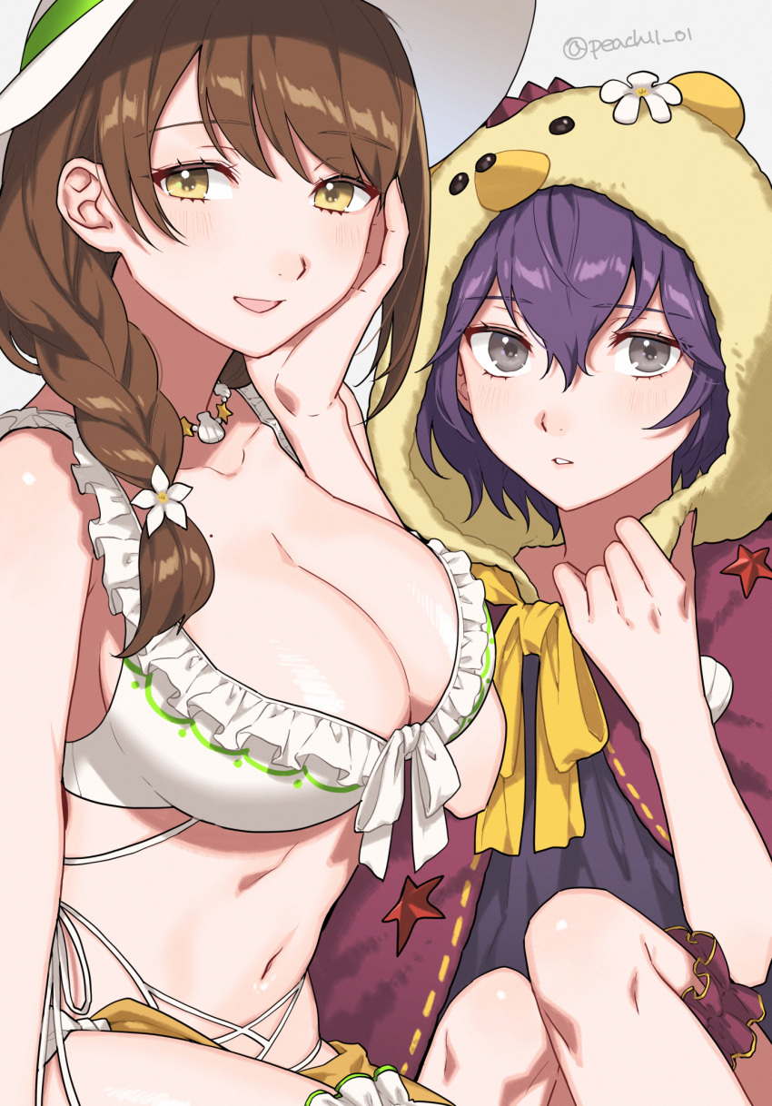 2girls :d @_@ ahoge alternate_costume animal_hood asymmetrical_docking bare_shoulders bear_hood bernadetta_von_varley bernadetta_von_varley_(summer) bikini blush braid breast_press breasts breasts_out bridal_garter brown_hair cleavage collarbone commentary d: female female_only fire_emblem fire_emblem:_three_houses fire_emblem_engage fire_emblem_heroes flower goldmary_(fire_emblem) goldmary_(summer)_(fire_emblem) grey_background grey_eyes hair_between_eyes hand_on_own_face hand_up hat hat_flower highres hood hood_down knees_up large_breasts light-skinned light-skinned_female long_hair looking_at_viewer mole mole_on_breast multiple_girls navel nintendo official_alternate_costume open_mouth parted_lips peach11_01 purple_hair small_breasts smile star_(symbol) stomach swimsuit tearing_up upper_body white_background white_bikini white_hat white_swimsuit yellow_eyes