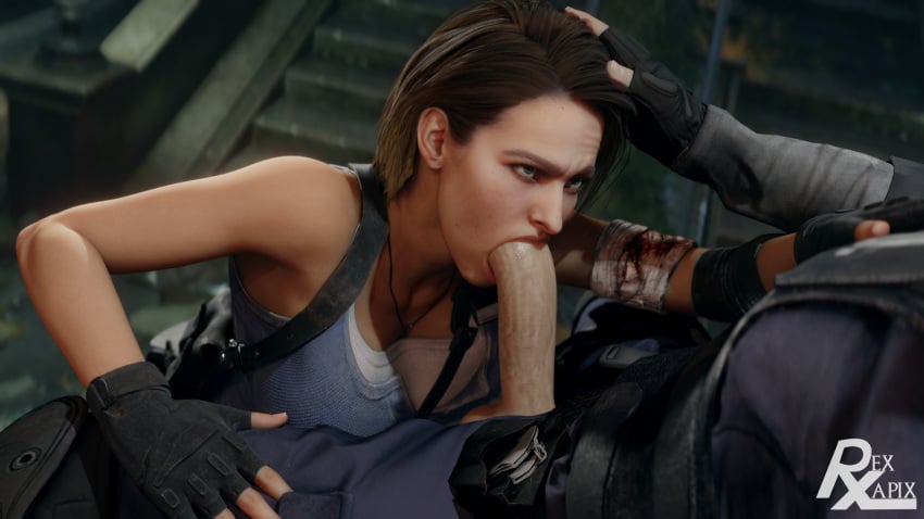 3d blender_(software) blowjob breast_squeeze forced_oral grabbing_head hands-free jill_valentine looking_at_another penis_in_mouth pulling_down resident_evil_3 resident_evil_3_remake rexlapix