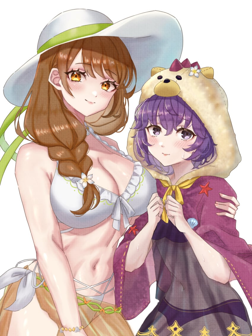 2girls alternate_costume animal_hood bare_shoulders bear_hood bernadetta_von_varley bikini blush braid breasts brown_hair cleavage female female_only fire_emblem fire_emblem:_three_houses fire_emblem_engage fire_emblem_heroes goldmary_(fire_emblem) hat highres hood large_breasts long_hair looking_at_viewer multiple_girls navel nintendo official_alternate_costume purple_eyes purple_hair purple_swimsuit simple_background stomach swimsuit white_background white_bikini white_hat white_swimsuit yellow_eyes zqzbq