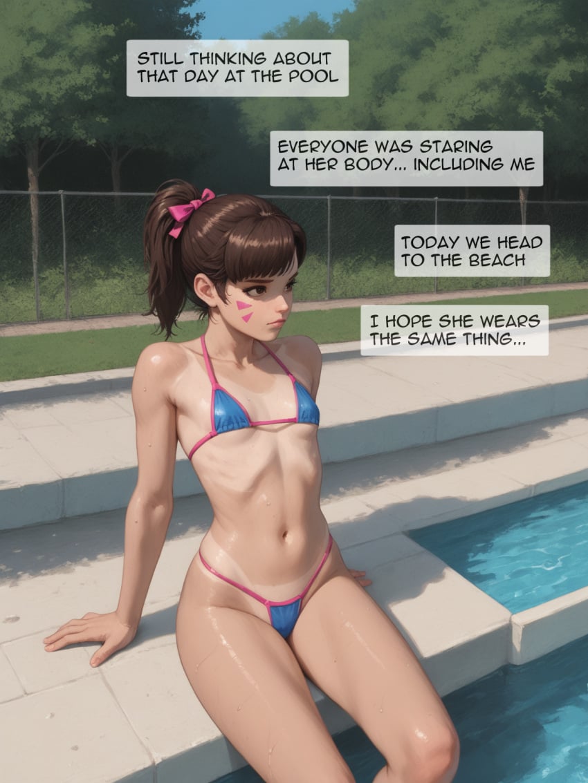 1girl ai-created ai_generated bangs bikini blue_bikini blue_swimsuit blush bow breasts brown_eyes brown_hair cameltoe clothing comic_panel contentious_content d.va day english_language english_text facial_mark female hair_bow hair_ornament high_resolution limited_visibility lips looking_at_viewer micro_bikini navel one-piece_tan original outdoors overwatch overwatch_2 partially_submerged pink_bow ponytail pool poolside shiny shiny_skin sitting small_breasts soaking_feet solo speech_bubble sweat swimsuit tagme tanlines tanned text thighs tied_hair tree water watermark wet whisker_markings xsfmworks