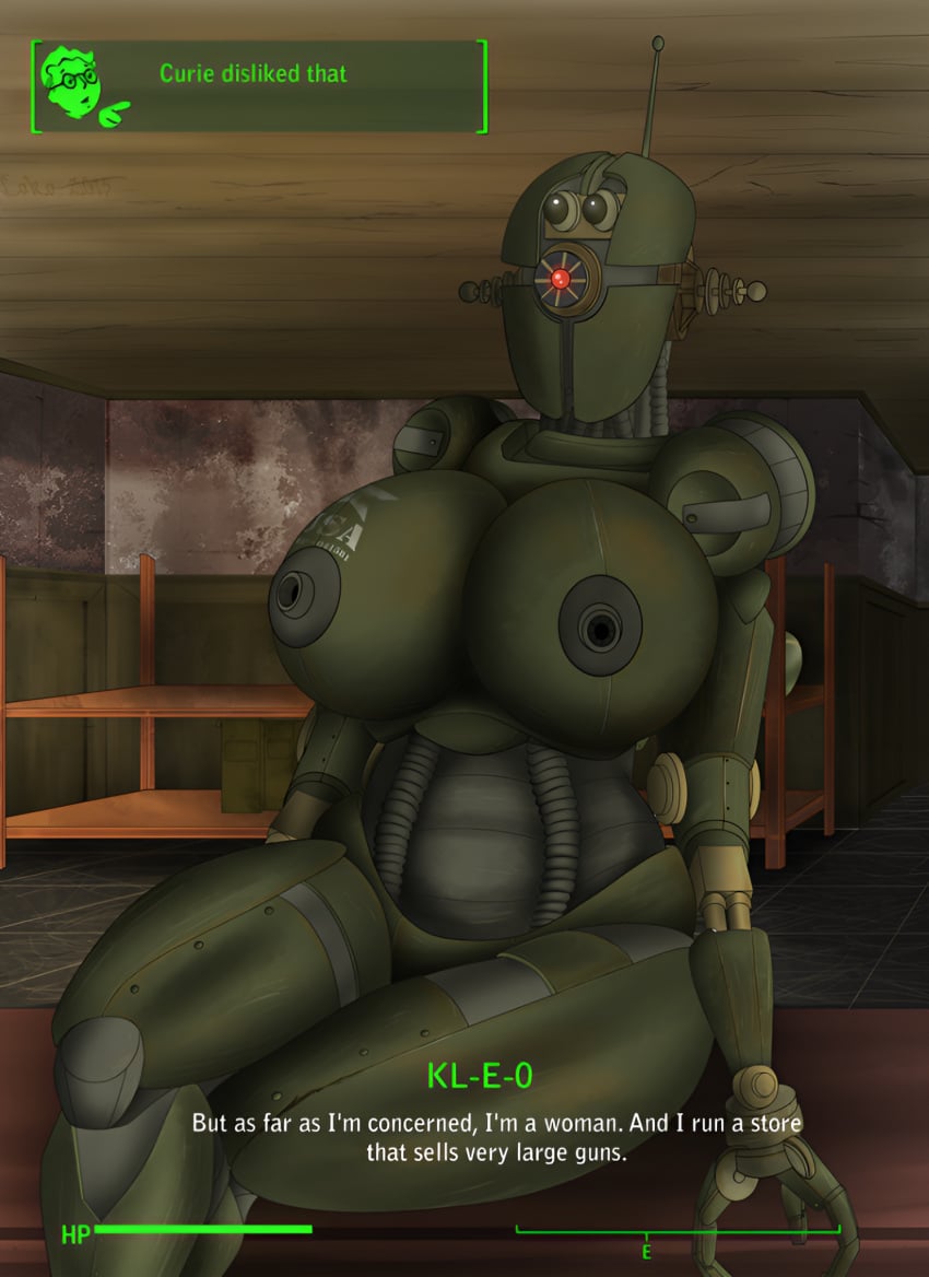 assaultron assaultron_(fallout) big_breasts dialogue el-loko fallout fallout_4 green_body kleo_(fallout) robophilia robot robot_girl robot_humanoid tagme