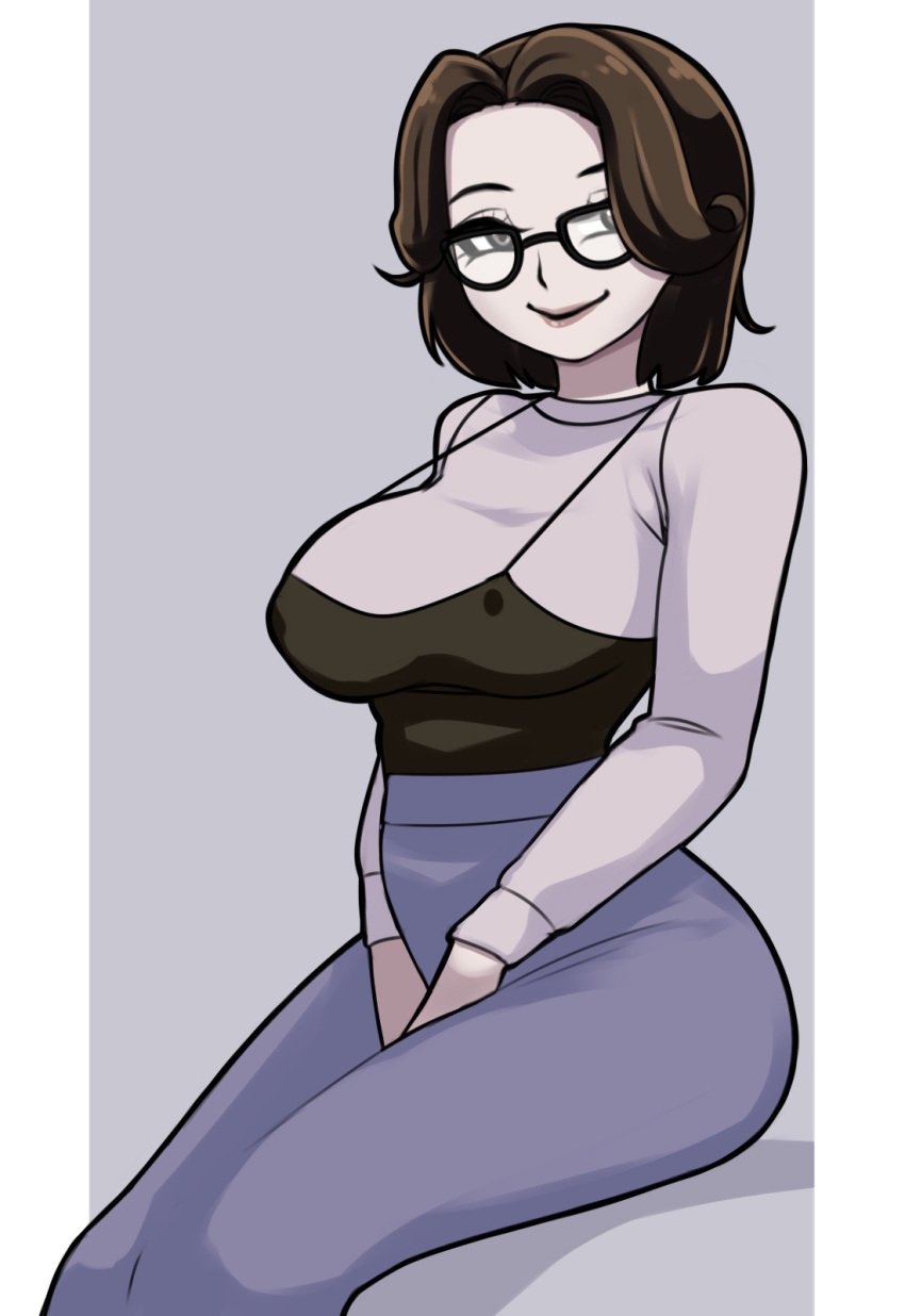 alternate_version_at_source alternate_version_available big_breasts brown_hair clothed_female cute fear_and_hunger fear_and_hunger:_termina female_focus female_only fully_clothed fully_clothed_female glasses large_breasts nipple_outline olivia_(fear_and_hunger) pinup rungbersa saberrung safe_for_work sfw_version short_hair sitting sitting_down solo_female