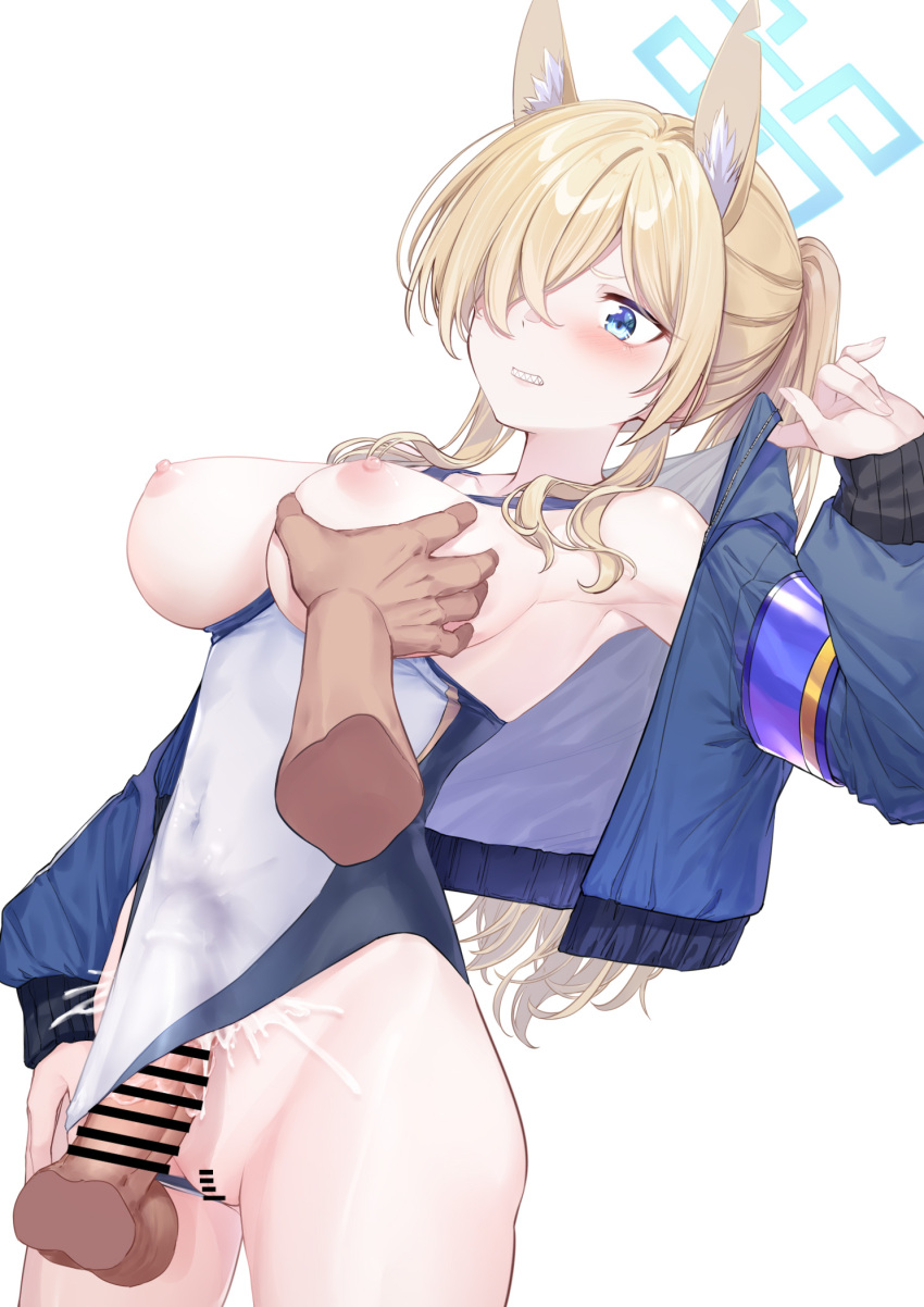 1boy animal_ears bare_shoulders blonde_hair blue_archive blue_eyes blue_jacket blush breasts censored clenched_teeth coffeekite collarbone cum disembodied_hand disembodied_penis dog_ears erection extra_ears female hair_over_one_eye halo highleg_one-piece_swimsuit highres jacket kanna_(blue_archive) kanna_(swimsuit)_(blue_archive) large_breasts long_hair long_sleeves nipples off_shoulder one-piece_swimsuit penis ponytail pussy sidelocks solo_focus straight swimsuit teeth testicles thighs white_one-piece_swimsuit